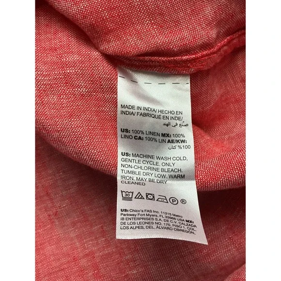 Chicos 100% Linen Tunic Top Red Orange Button Front Long Sleeve Size 2 L NEW - Picture 4 of 13